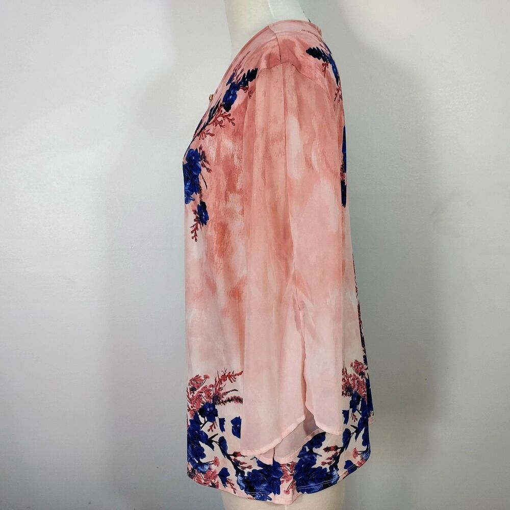 Jm Collection Tunic Top Women size XL Key Hole Neck Chiffon Sheer Sleeve Floral - Picture 5 of 13